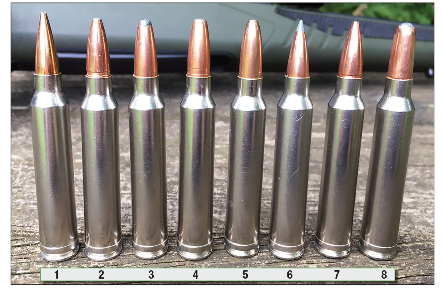 Since the Savage Hog Hunter is apt to be used at close to midrange, hunters are better served by using hard-hitting, deep-penetrating, heavy-for-caliber bullets. Those used in the sample rifle included: (1) Berger 205-grain Elite Hunter Hybrid BTHP, (2) Swift 200-grain A-Frame, (3) Nosler 200-grain Partition Long Range, (4) Lapua 200-grain Mega, (5) Woodleigh 240-grain Weldcore, (6) Nosler 210-grain AccuBond LR, (7) Barnes 200-grain TSX and (8) Hornady 220-grain InterLock RNSP.